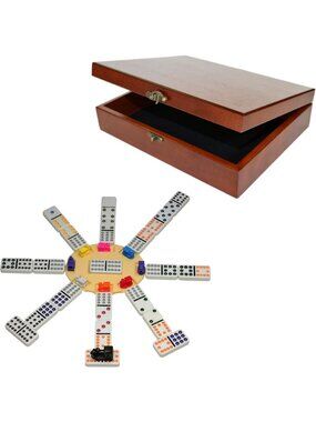 Deluxe Mexican Train Dominoes Set in Vintage Wooden Box - Double 12, Colorful